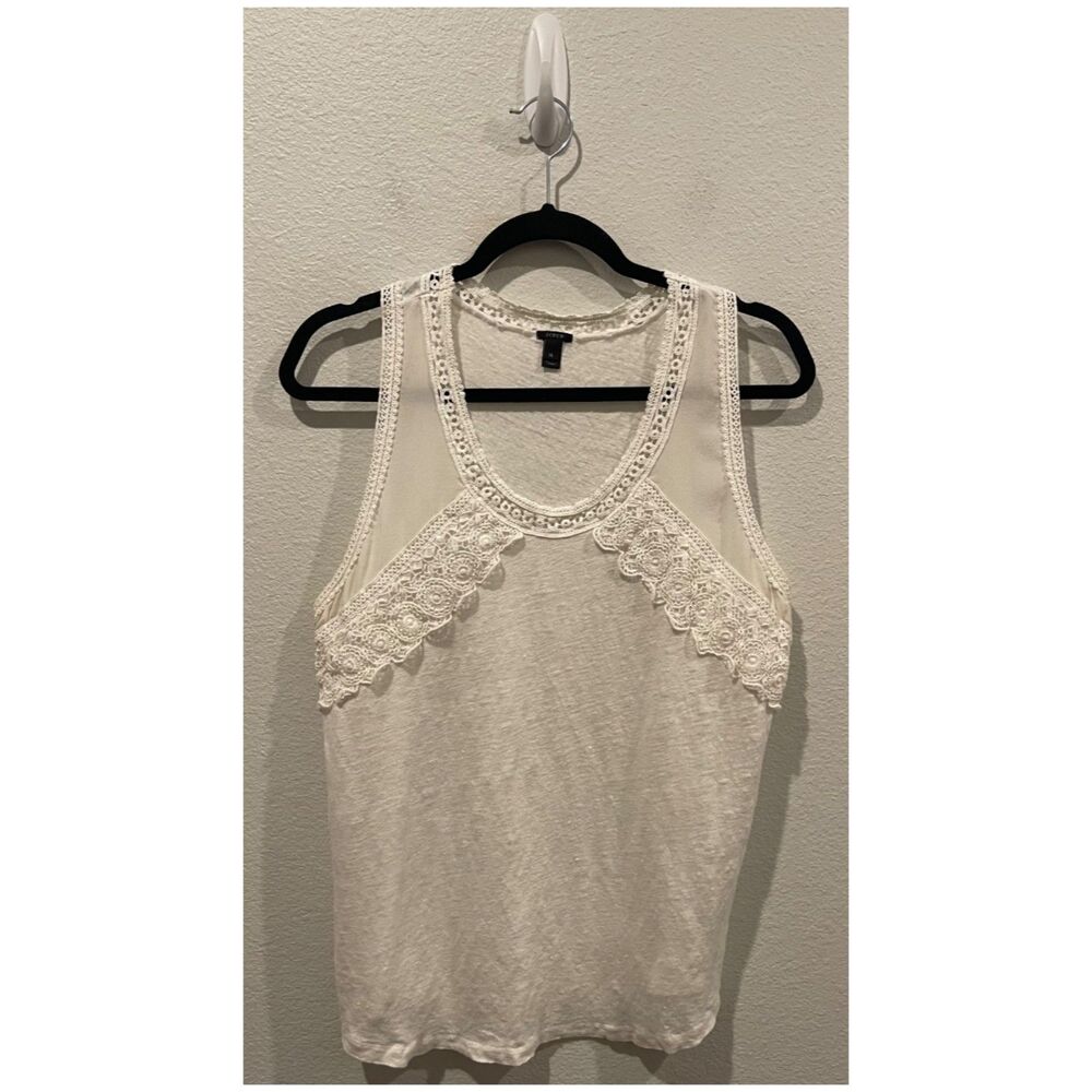 J.CREW Solid White Linen Lace Round Neck Tank Top